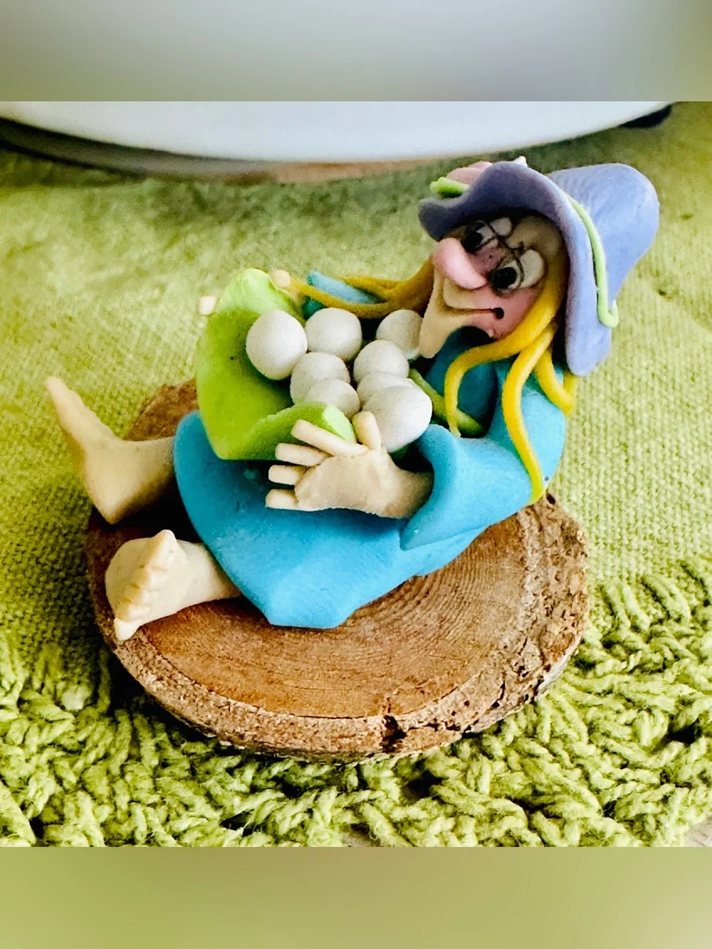 Nancy Pippen People Signed Handmade Clay Witch Figurine on Driftwood - 1.5”in